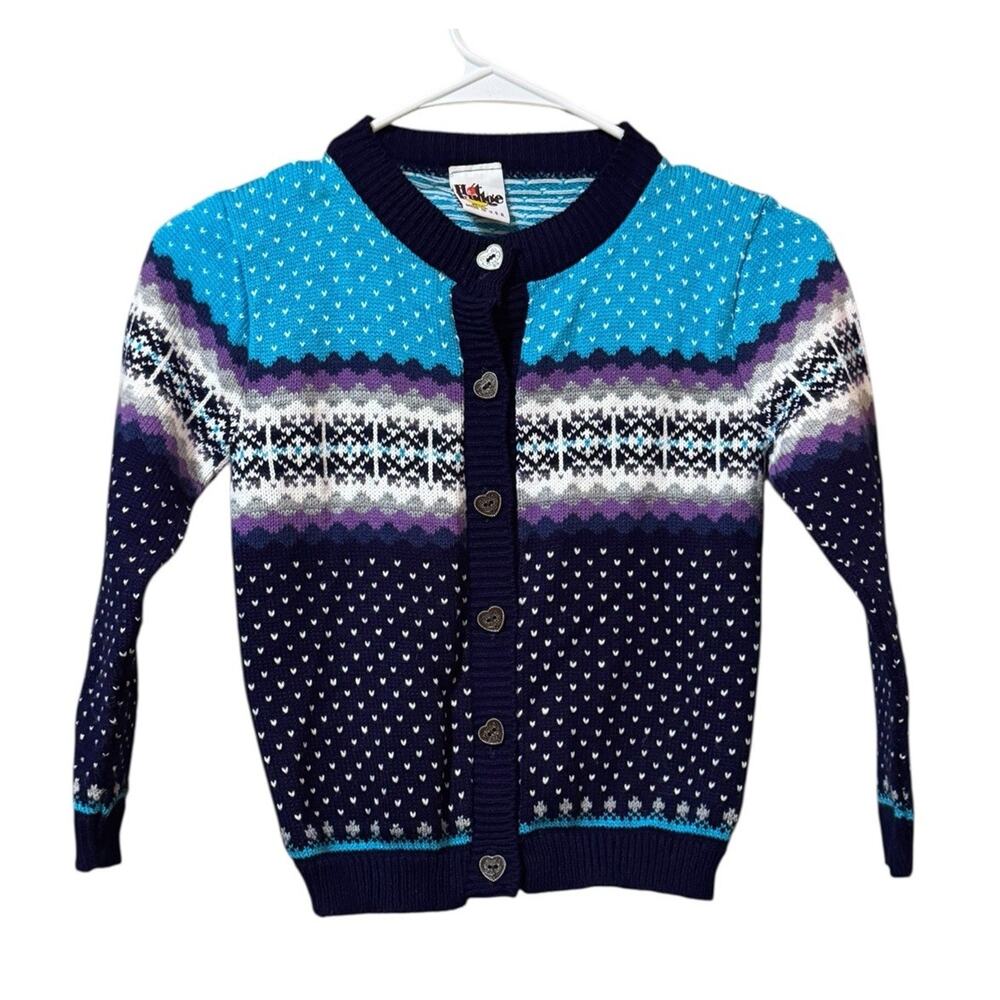 Hot Fudge Fair Isle Kids‎ Cardigan Sweater Heart Buttons Measured School Vintage